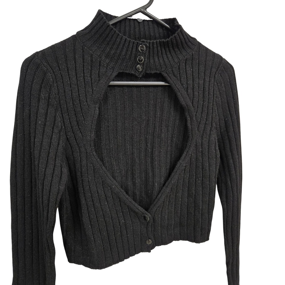 Full Circle Trends Black Ribbed Cutout Mock Neck Crop Sweater XL Long Sleeve